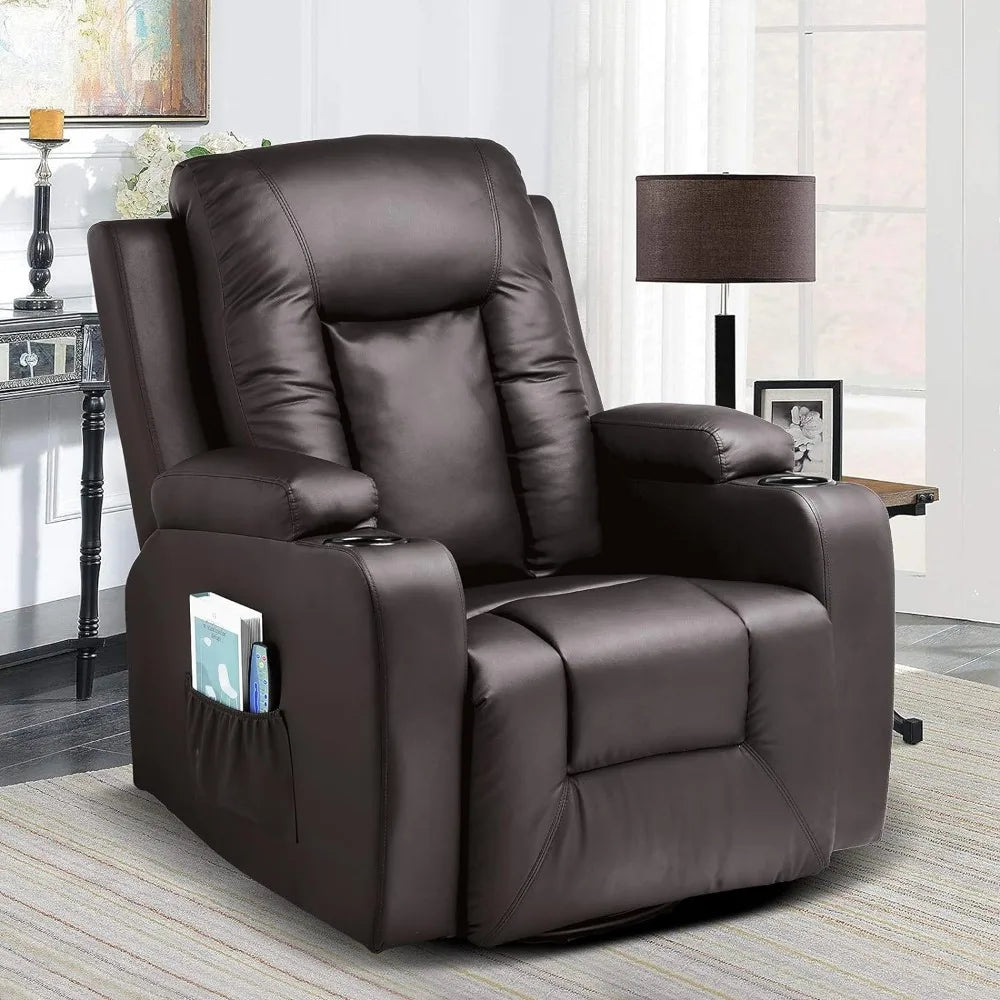 Leather Recliner Chair Rocker with Heated Massage Ergonomic Lounge 360 Degree Swivel Single Sofa Seat Drink Holders - Dons' Adventure Gear 