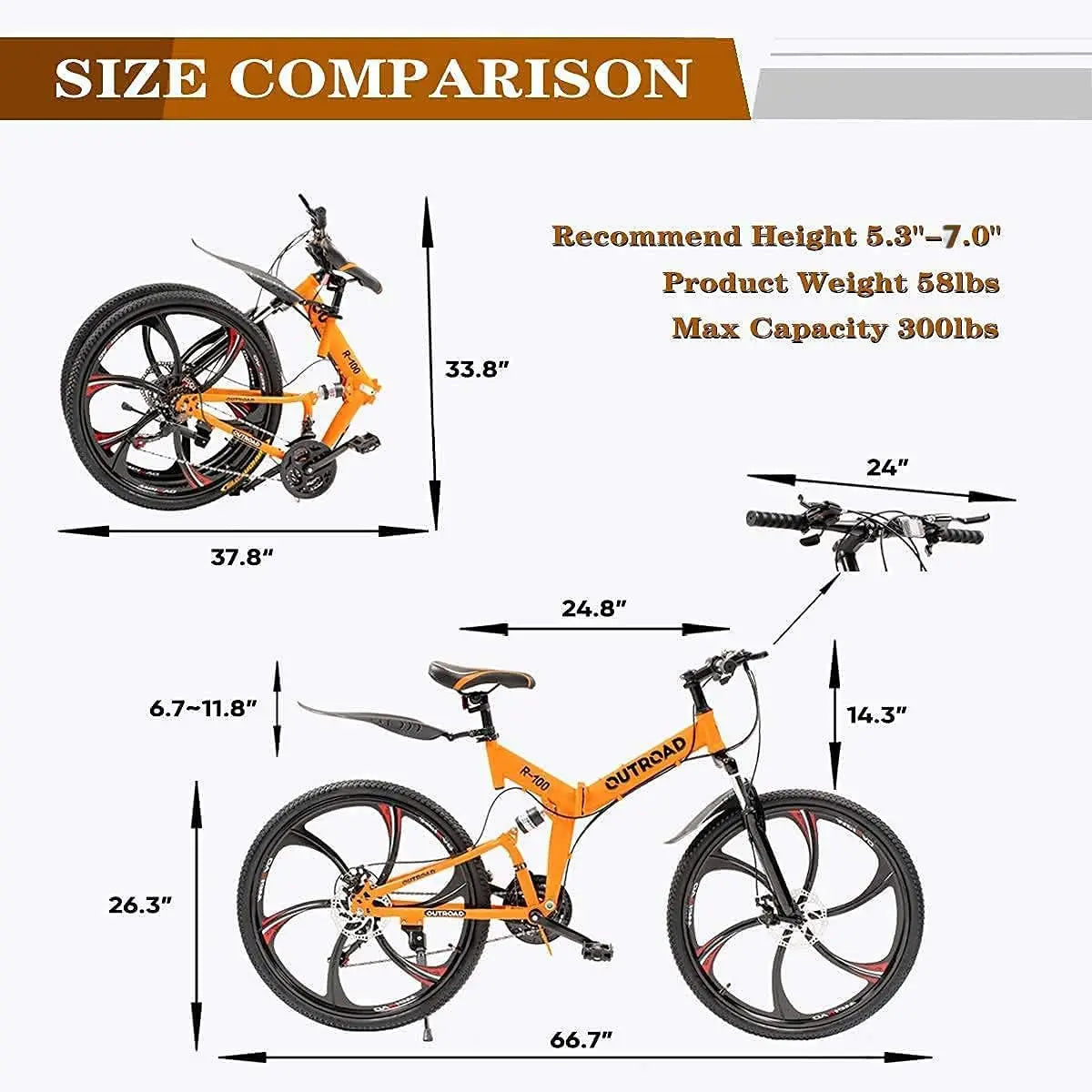 26 Inch Folding Mountain Bike, 21 Speed Full Suspension High-Carbon Steel MTB Foldable Bicycle, Dual Disc Brake Non-Slip Bikes