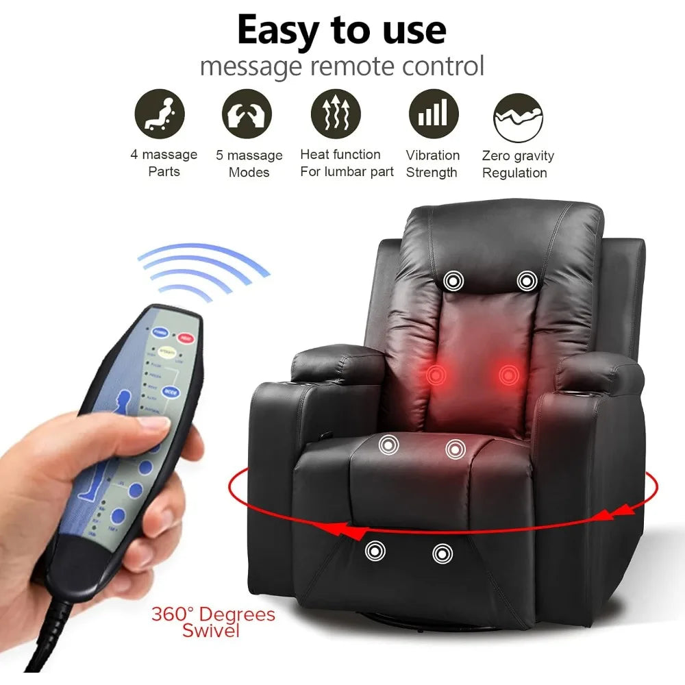 Leather Recliner Chair Rocker with Heated Massage Ergonomic Lounge 360 Degree Swivel Single Sofa Seat Drink Holders - Dons' Adventure Gear 