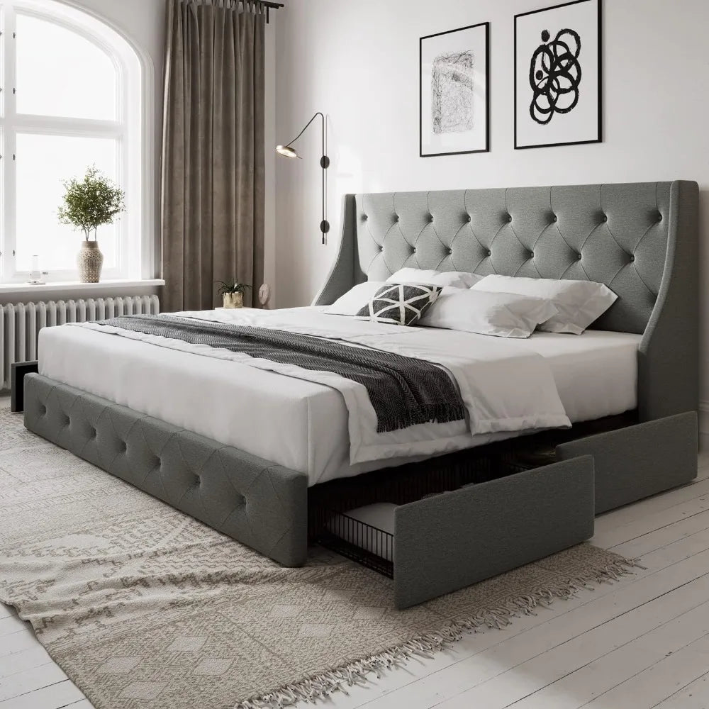 Full Size Bed Frame with 4 Storage Drawers and Wingback Headboard - Dons' Adventure Gear 