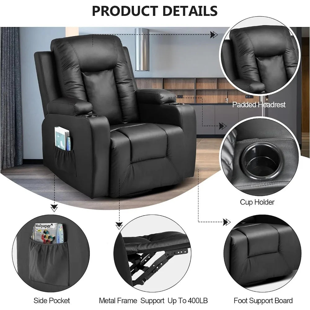 Leather Recliner Chair Rocker with Heated Massage Ergonomic Lounge 360 Degree Swivel Single Sofa Seat Drink Holders - Dons' Adventure Gear 