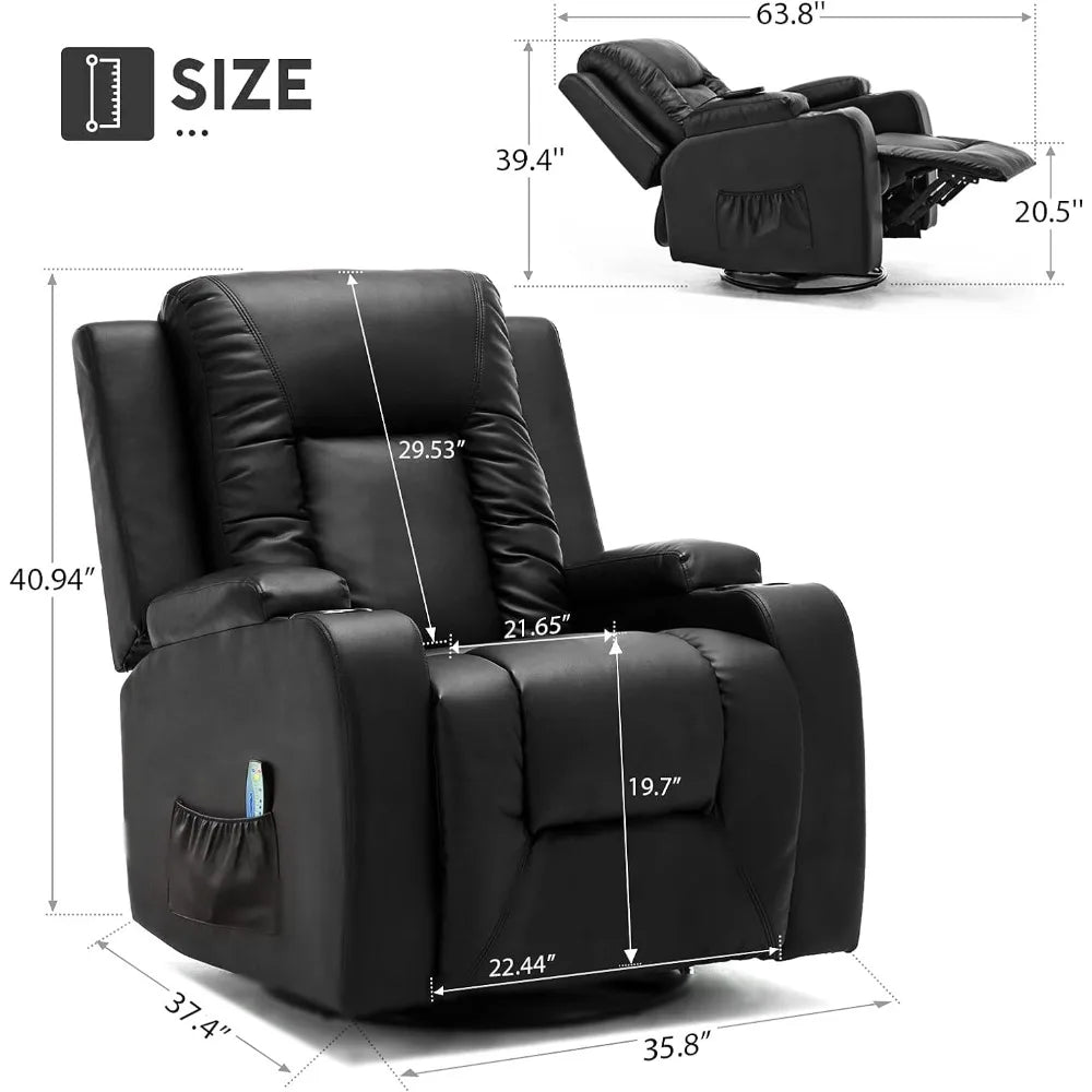 Leather Recliner Chair Rocker with Heated Massage Ergonomic Lounge 360 Degree Swivel Single Sofa Seat Drink Holders - Dons' Adventure Gear 