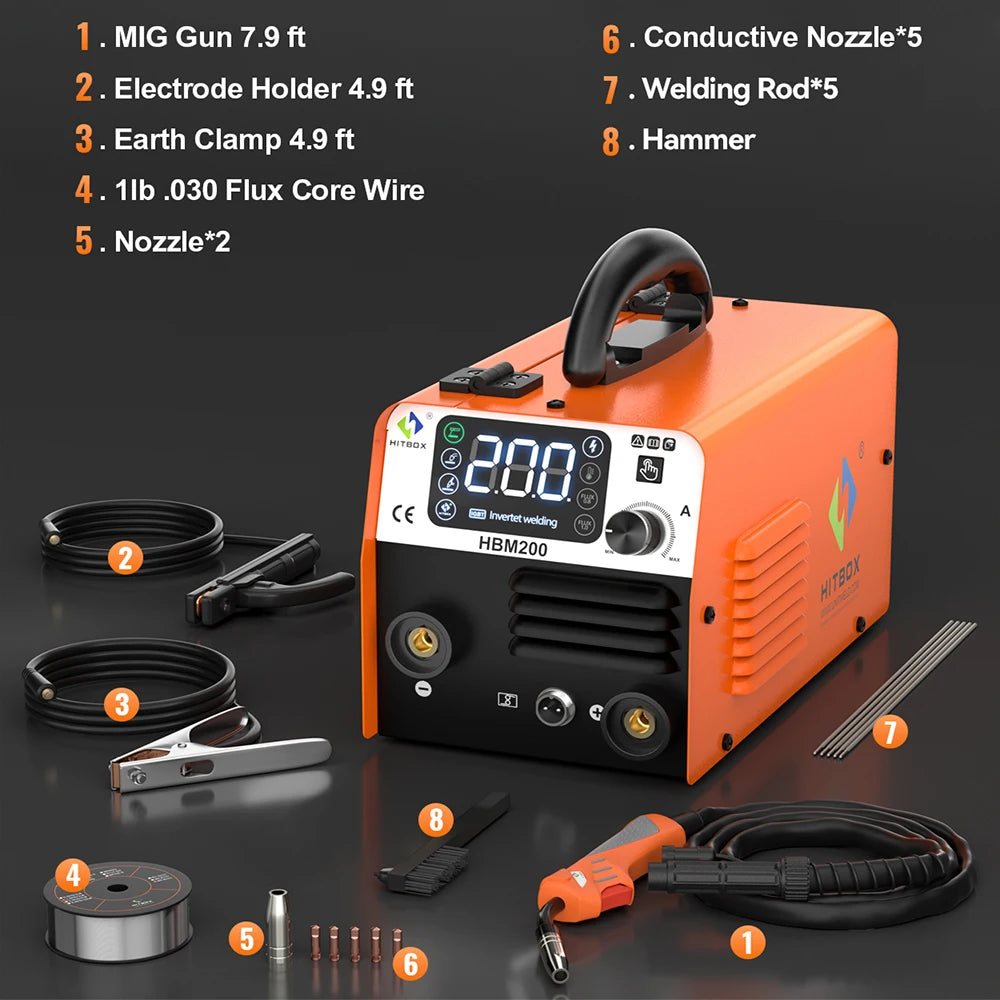 HITBOX Non Gas Semi-automatic Welding Machine 3 in 1 MIG/LIFT TIG/MMA Inverter Welder Synergy Tool For Gasless Soldering HBM200