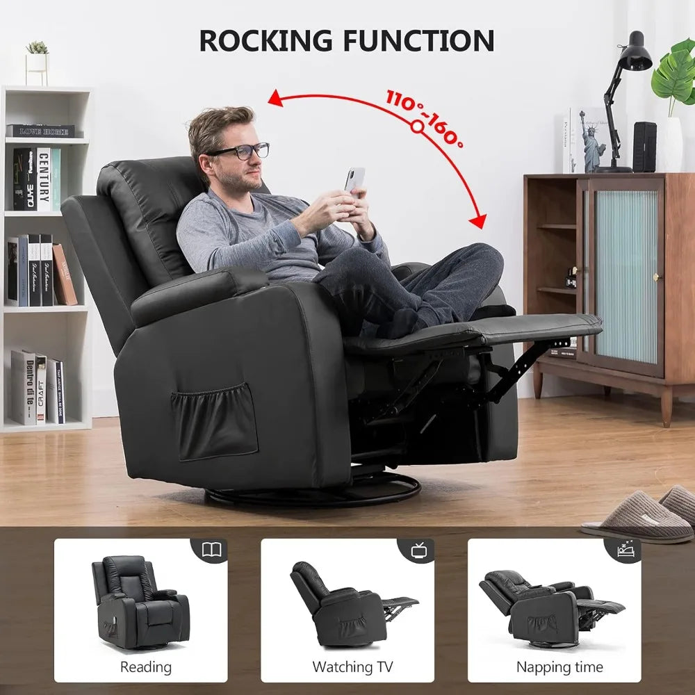 Leather Recliner Chair Rocker with Heated Massage Ergonomic Lounge 360 Degree Swivel Single Sofa Seat Drink Holders - Dons' Adventure Gear 