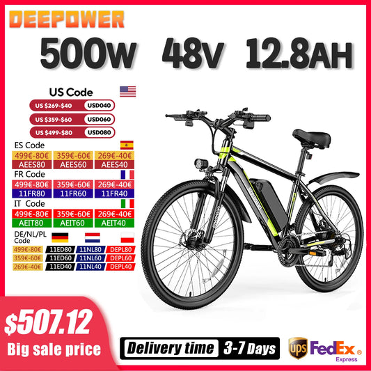 DEEPOWER 500W Adults  Electric Bike Bicycle 48V 12.8AH 26 Inch